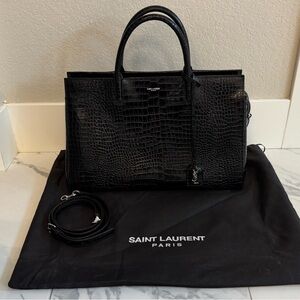 Saint Laurent Black Croc-Embossed Rive Gauche Tote